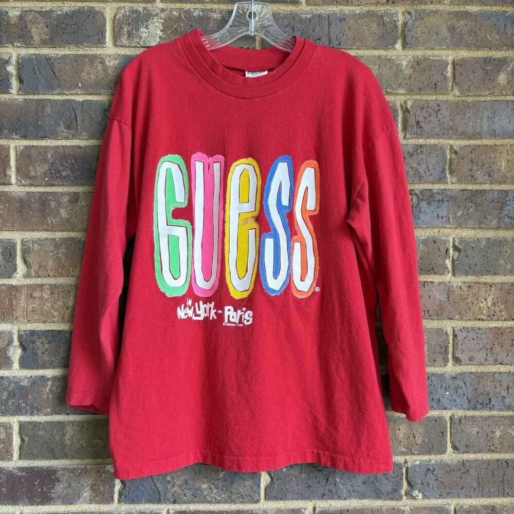 Vtg Red 80s Guess Jeans Long Sleeve T Shirt Made in USA One SZ Georges Marciano